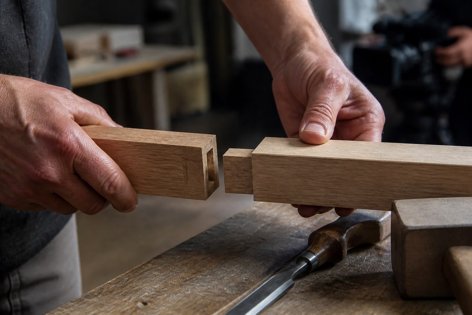 Detalle de dos manos alineando una unión de madera mientras una cámara registra la acción desde un segundo ángulo