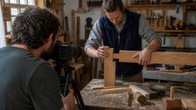 Operador de cámara graba a un artesano mientras encaja dos piezas de madera en un taller