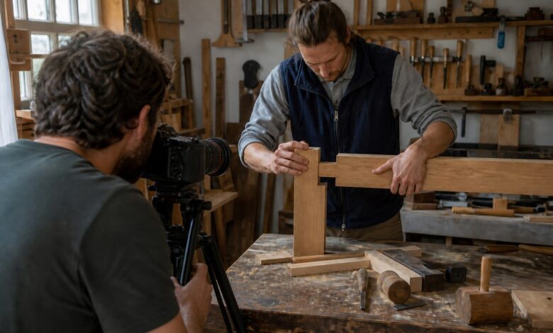 Operador de cámara graba a un artesano mientras encaja dos piezas de madera en un taller