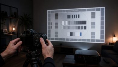 Cámara profesional grabando una proyección correctamente alineada en una sala oscura