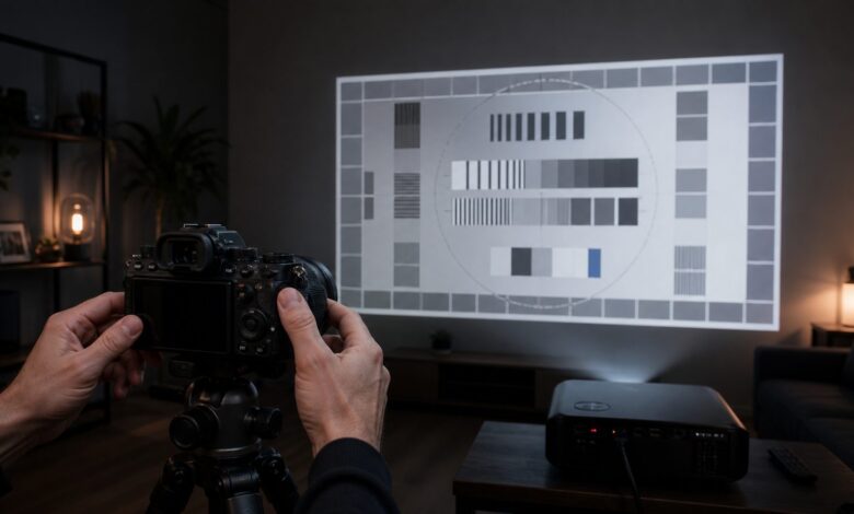 Cámara profesional grabando una proyección correctamente alineada en una sala oscura