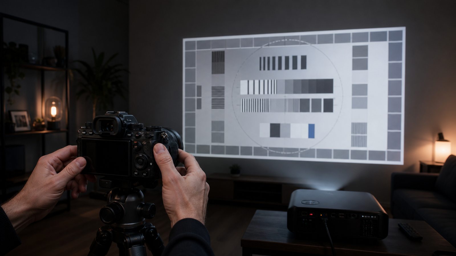 Cámara profesional grabando una proyección correctamente alineada en una sala oscura