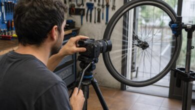 Operador grabando una rueda en movimiento para comparar frecuencias de fotogramas