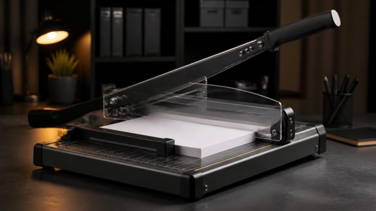 Guillotina manual de papel con protector transparente y una pila de hojas alineada
