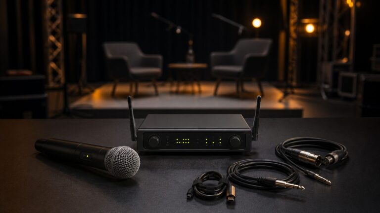 Micrófono inalámbrico, receptor de dos antenas y cables de audio sobre una mesa de estudio