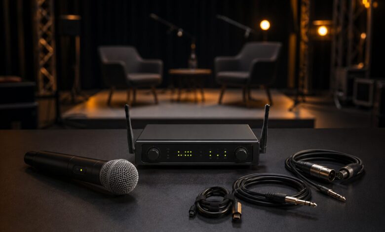Micrófono inalámbrico, receptor de dos antenas y cables de audio sobre una mesa de estudio