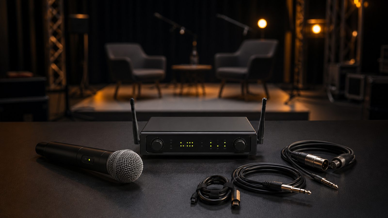 Micrófono inalámbrico, receptor de dos antenas y cables de audio sobre una mesa de estudio