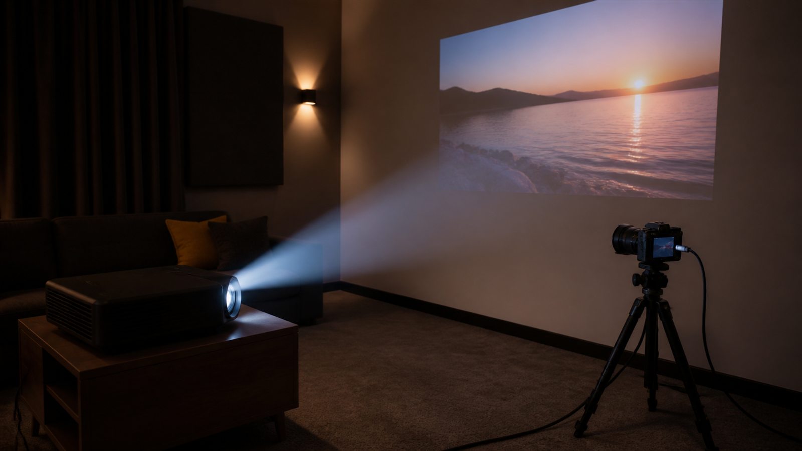 Proyector correctamente orientado hacia una pared blanca mientras una cámara registra la escena