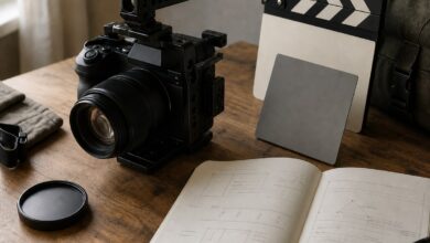 Cámara, carta gris y cuaderno para documentar exposición y color