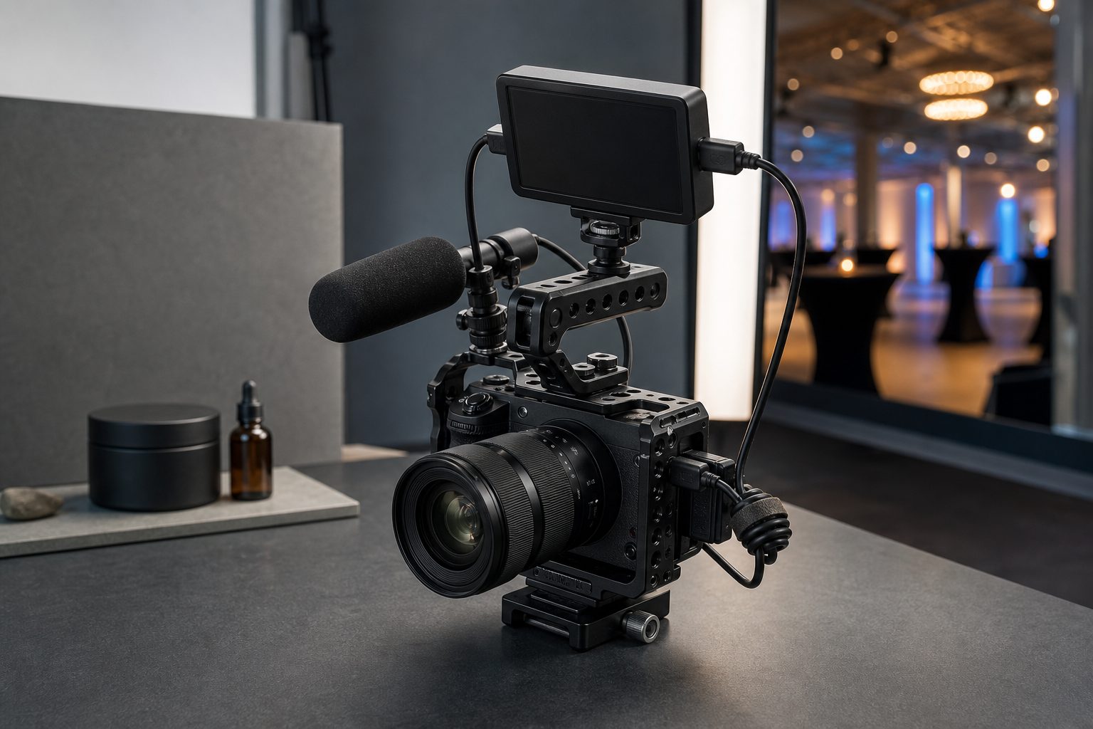 Rig compacto de cámara preparado para grabar eventos y producto