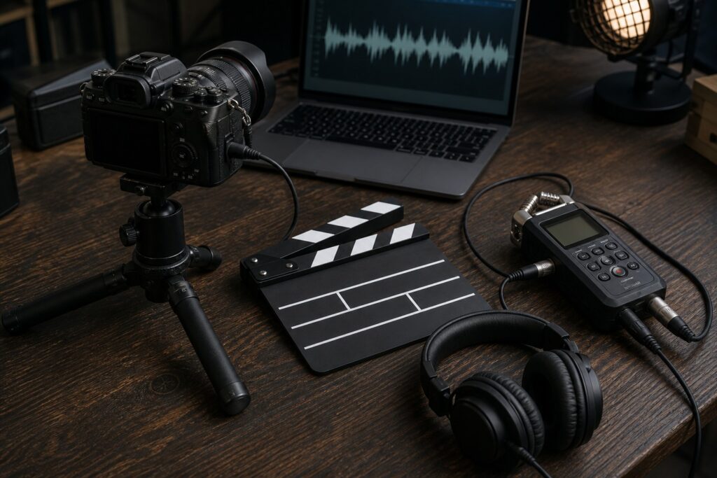 Cámara, grabadora de audio y claqueta preparadas para sincronizar vídeo y sonido