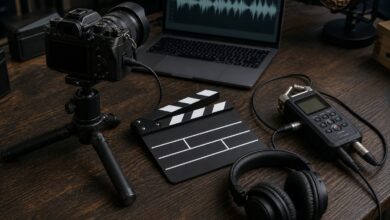 Cámara, grabadora de audio y claqueta preparadas para sincronizar vídeo y sonido