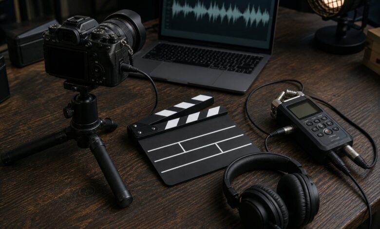 Cámara, grabadora de audio y claqueta preparadas para sincronizar vídeo y sonido