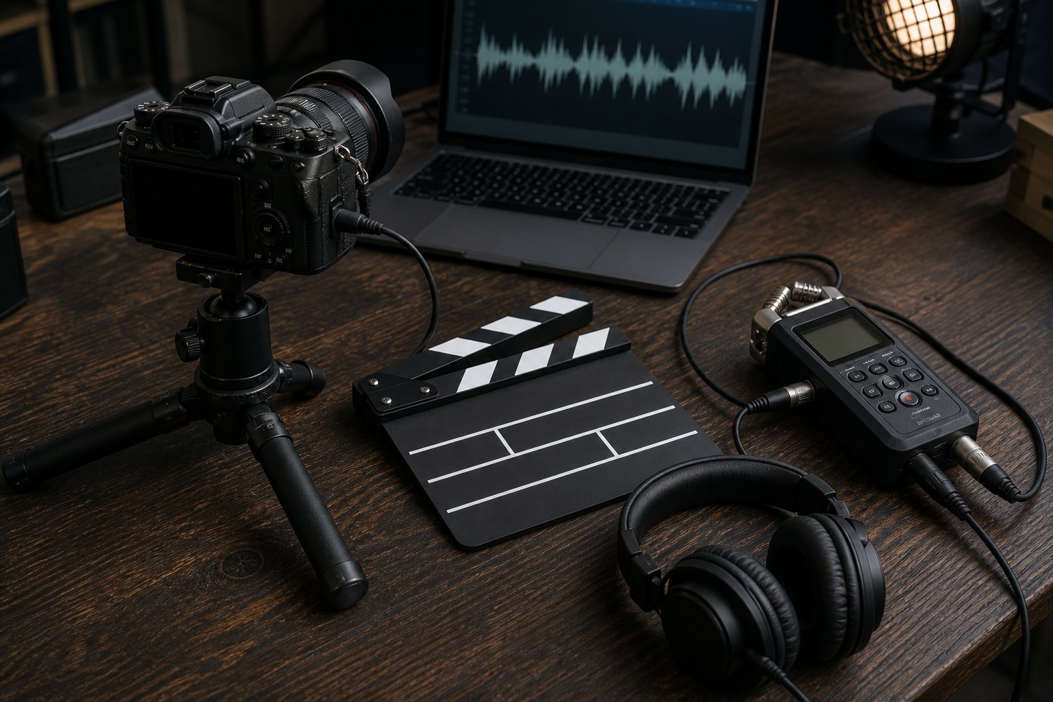 Cámara, grabadora de audio y claqueta preparadas para sincronizar vídeo y sonido