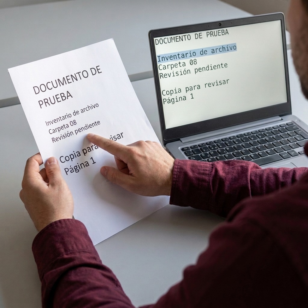 Una persona compara un documento de prueba en papel con las mismas líneas de texto en un portátil
