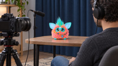Una persona escucha con auriculares la prueba de sonido de un Furby ante una cámara y un micrófono en soporte independiente