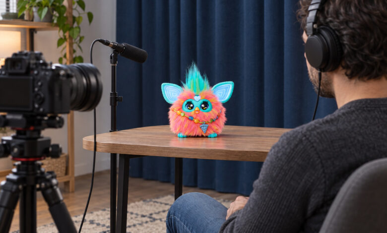 Una persona escucha con auriculares la prueba de sonido de un Furby ante una cámara y un micrófono en soporte independiente