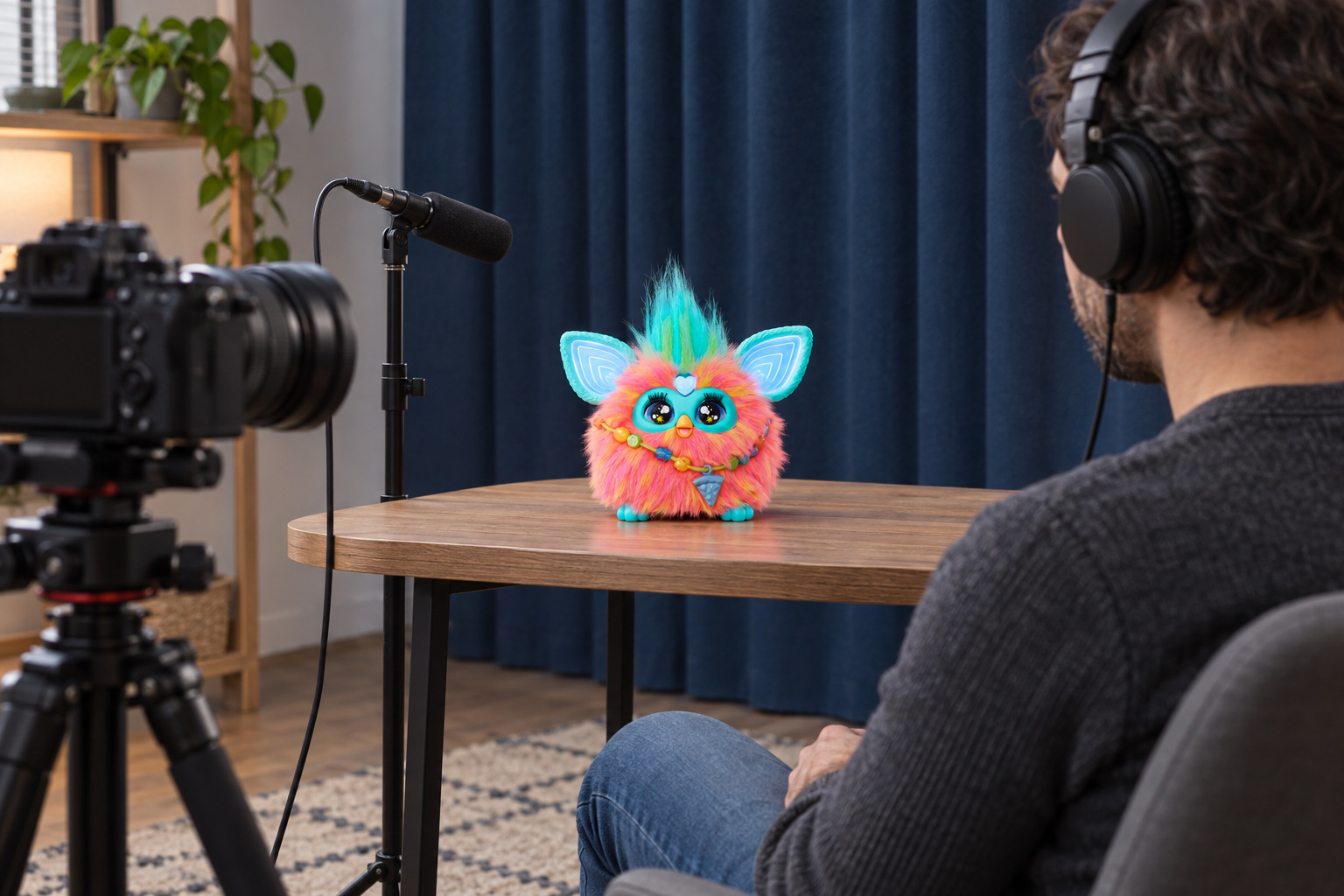 Una persona escucha con auriculares la prueba de sonido de un Furby ante una cámara y un micrófono en soporte independiente