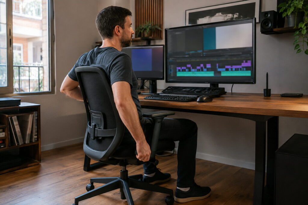 Editor de vídeo ajustando la silla frente al monitor principal con los pies apoyados