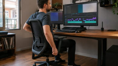 Editor de vídeo ajustando la silla frente al monitor principal con los pies apoyados