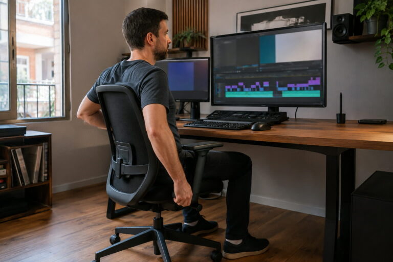 Editor de vídeo ajustando la silla frente al monitor principal con los pies apoyados