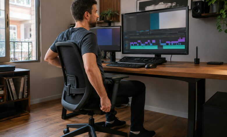 Editor de vídeo ajustando la silla frente al monitor principal con los pies apoyados